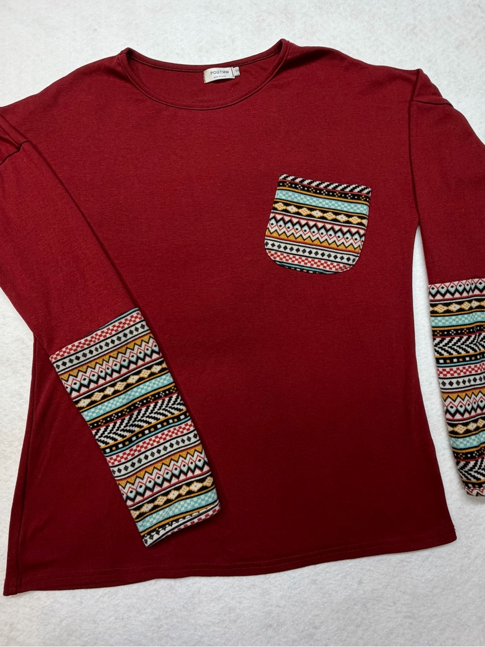 Postmark Women's Long Sleeve Burgundy Tee with Patterned Pocket